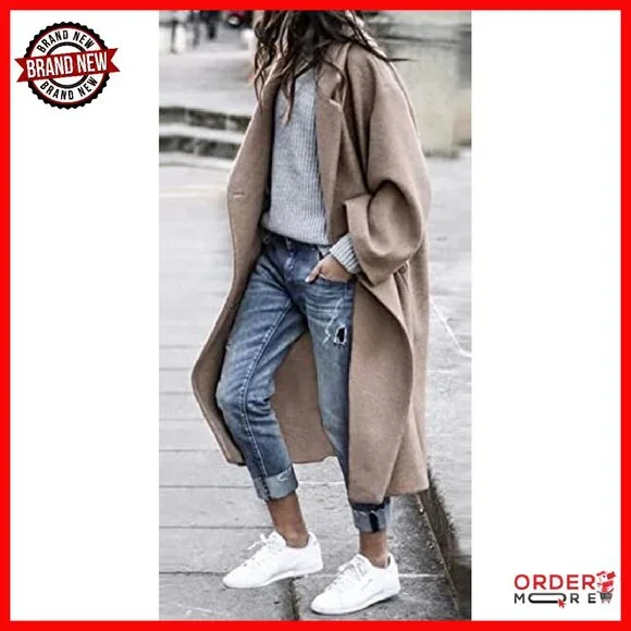 Oversized Wool Blend Trench Coat Midi Length Notched Collar - Picture 3 of 8